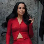Becky G Defines Contemporary Street Style with a Striking Monochrome Red Lace Ensemble in the Official Music Video for Marathon