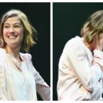 Rosamund Pike fights back tears during curtain call of London play Inter Alia