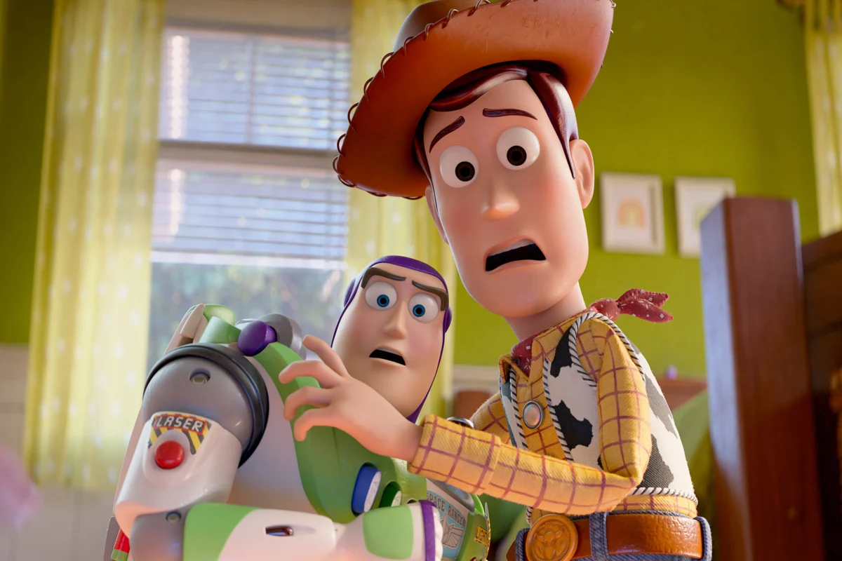 Buzz Lightyear (voiced by Tim Allen) and Woody (voiced by Tom Hanks) in Disney and Pixar's TOY STORY 5.