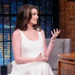 THE ODYSSEY Star Anne Hathaway in GapStudio by Zac Posen on LATE NIGHT WITH SETH MEYERS