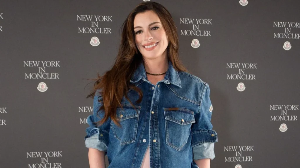 Anne Hathaway Elevates Maternity Fashion with a Daring Moncler Denim Ensemble at New York Fashion Week