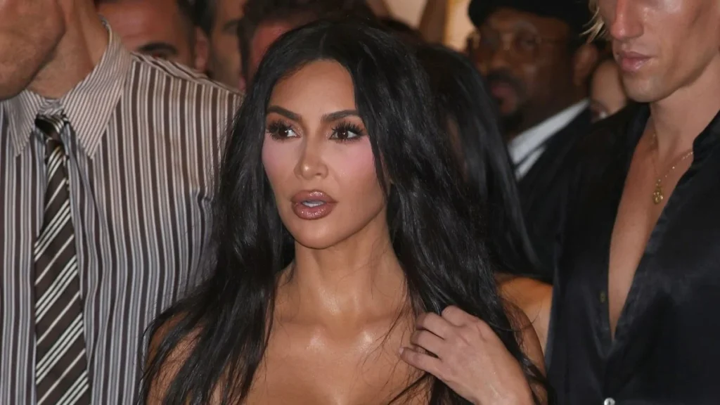 Kim Kardashian’s plunging Ludovic de Saint Sernin dress gets a fully sheer slit for SKIMS party