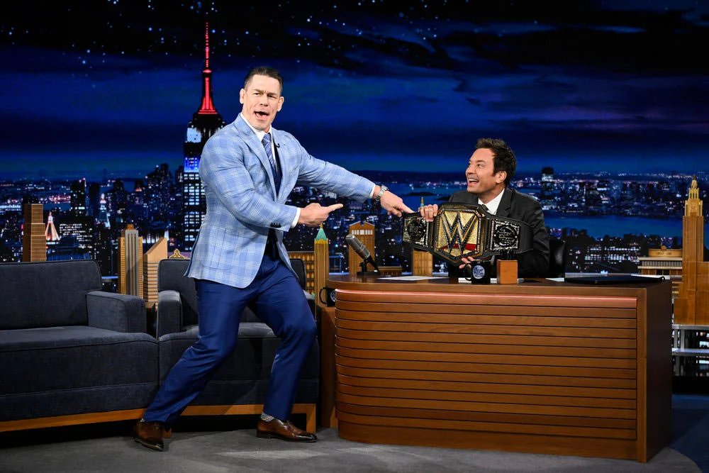 John Cena Trades Villainous Flair for Retro Game Show Chic During Late-Night Promo Tour for Matchbox: The Movie